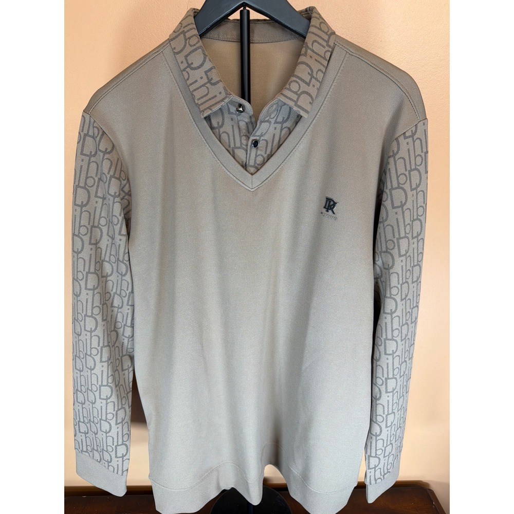 Duxing Mens XL Long‎ Sleeve Polo Shirt Tan Monogram Sleeve V-Neck Layered Top